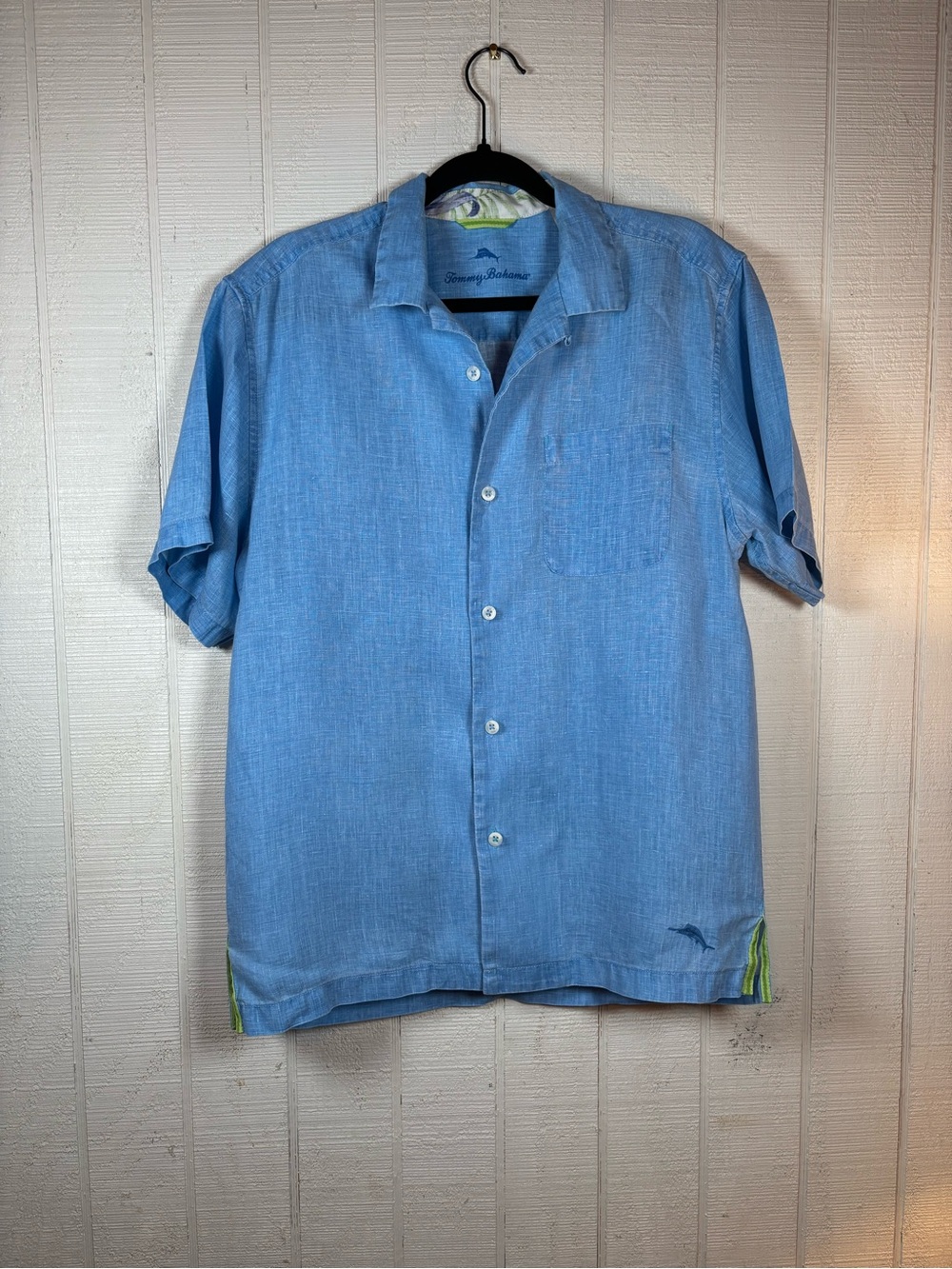 Tommy Bahama Men’s S Blue 100% Linen Short Sleeve Button Shirt Marlin Summer
